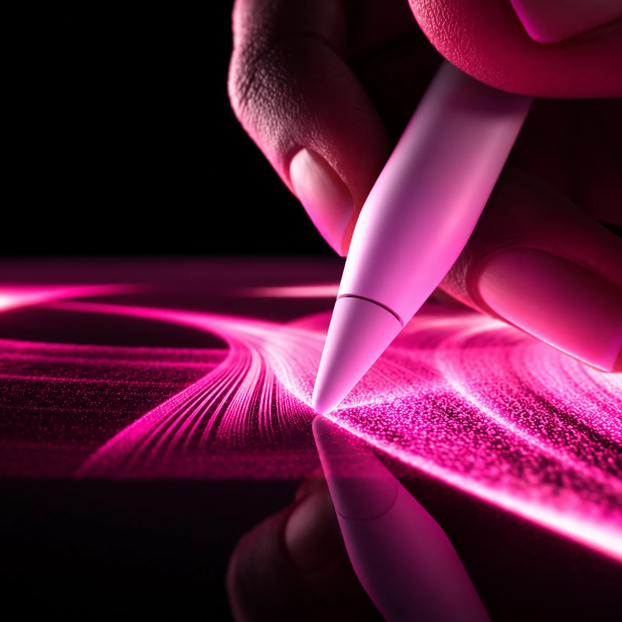 Stylus drawing fine pink light trails