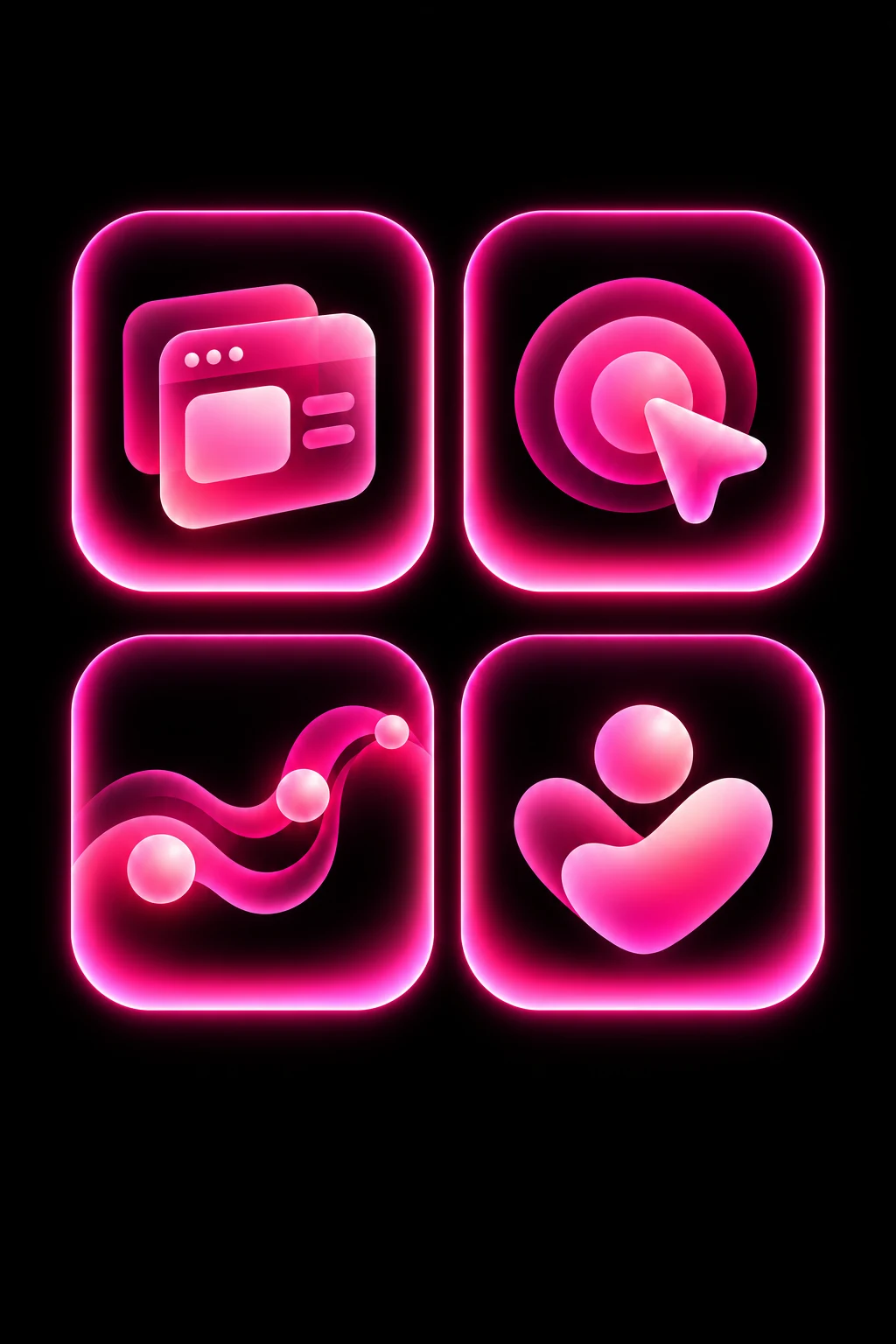 Four luminous pink interface icons