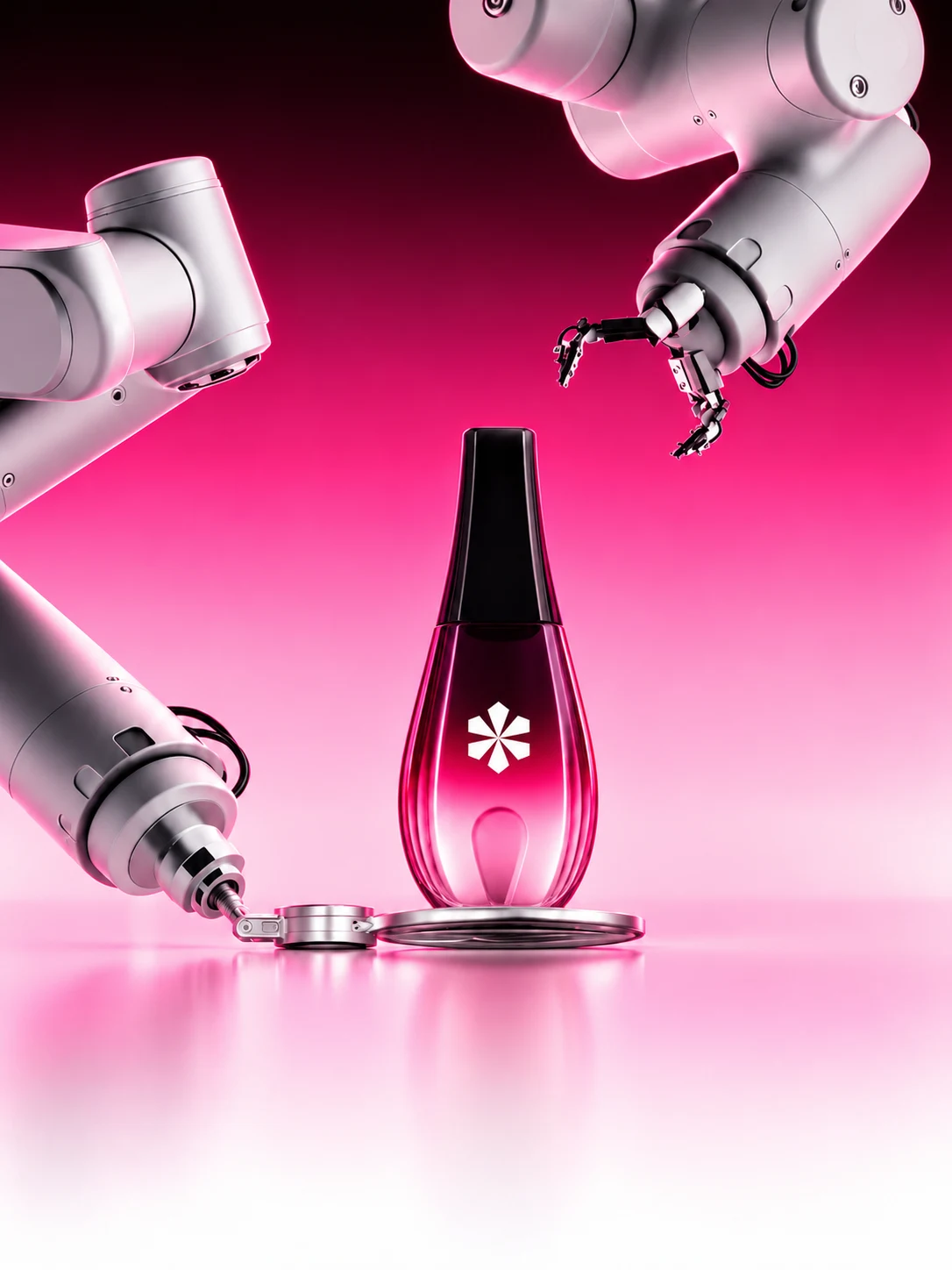 Robotic arms crafting a pink Jaleed object