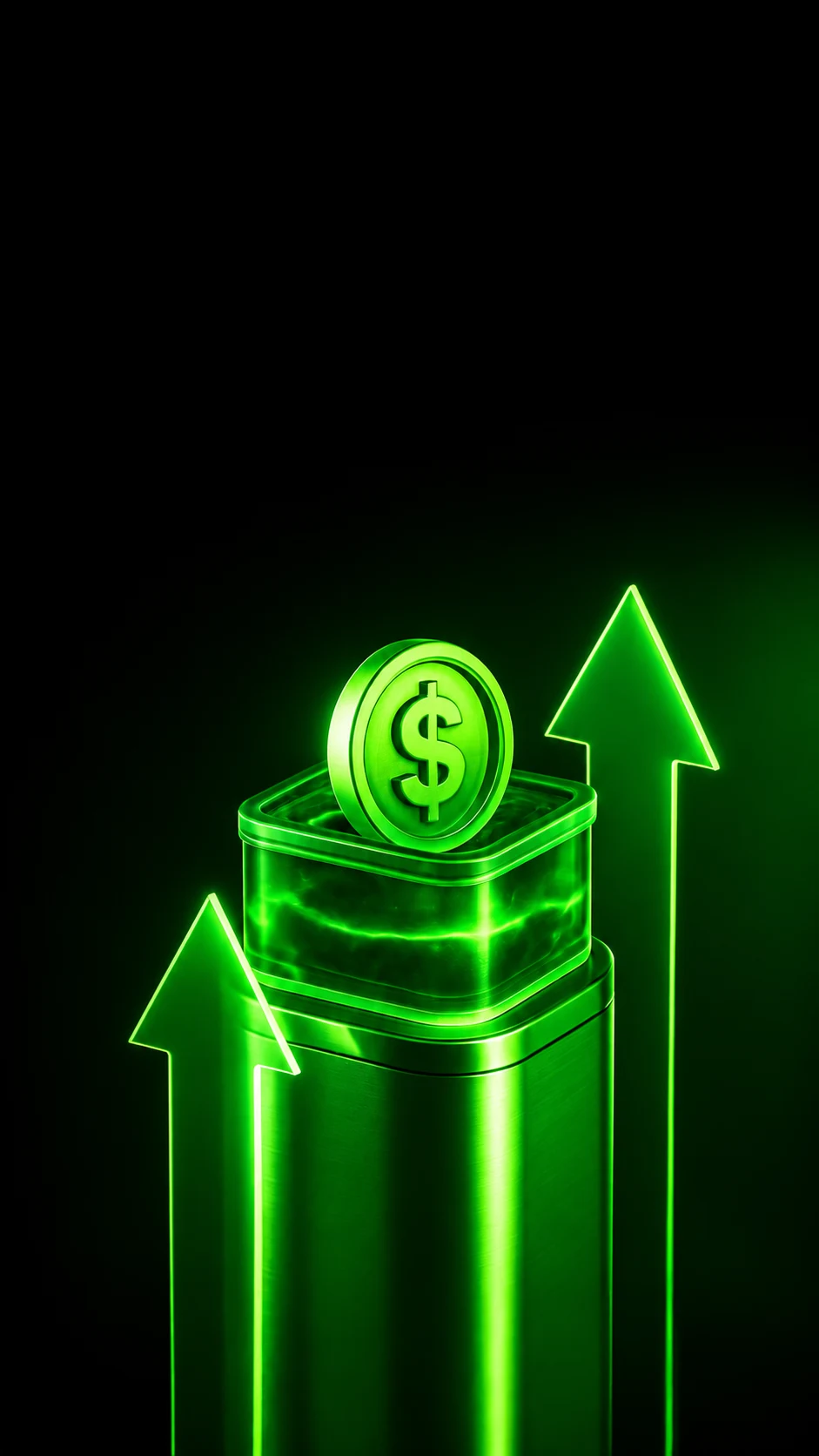 Green sculptural arrows and glass growth column