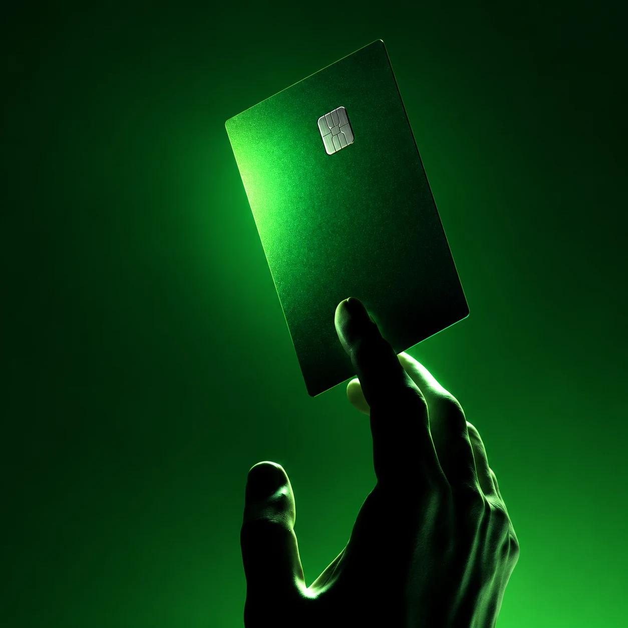 Hand holding a green payment card
