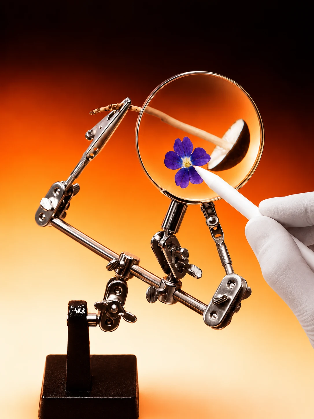 Precision tools holding a flower in orange light