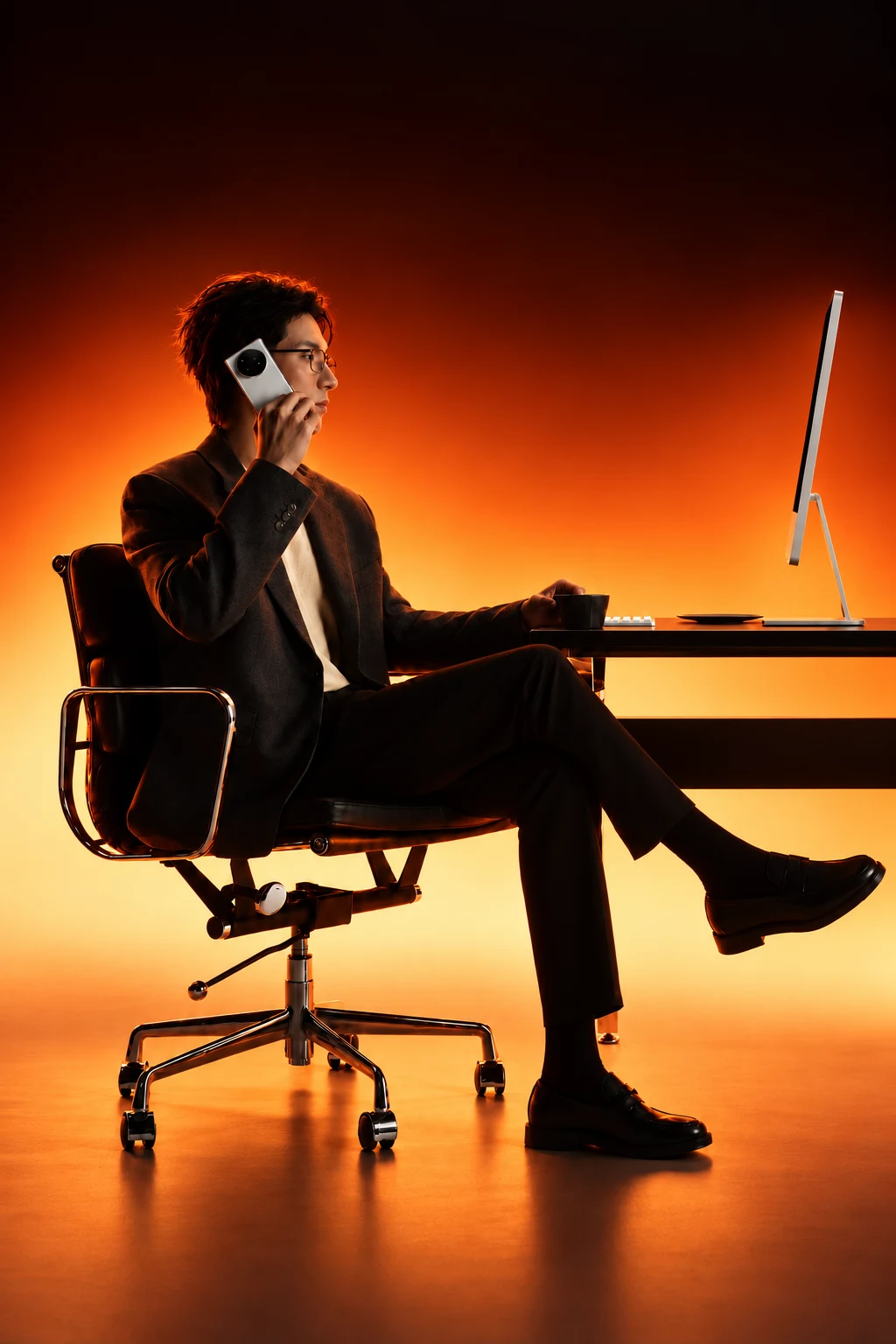Person at an orange-lit workstation